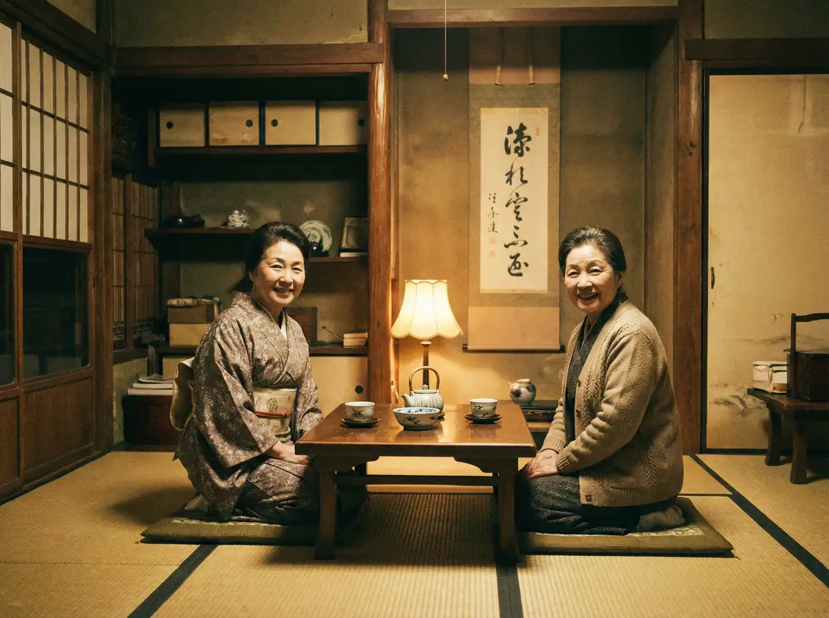 两位优雅的 灭火宝贝电影 在日式茶室中品茶交谈